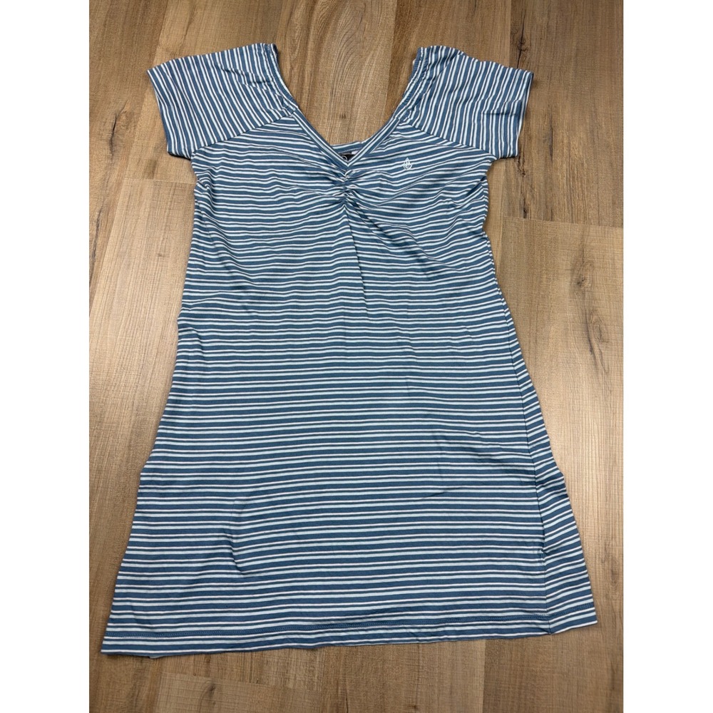 Volcom Womens Blue White Striped Ruched Bust Cotton Mini Dress‎ Large NWOT